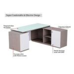 Specialties L Shaped Glass Executive Table with Storage Shelves and Cabinet for Home & Office Contemporary Style L Shaped Computer Desk - Light Concrete/White