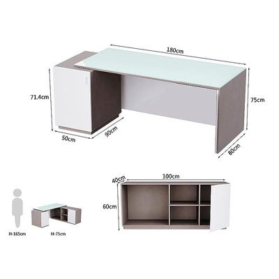 Specialties L Shaped Glass Executive Table with Storage Shelves and Cabinet for Home & Office Contemporary Style L Shaped Computer Desk - Light Concrete/White - Image 3