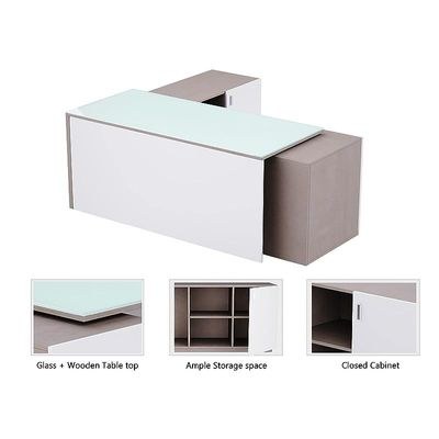 Specialties L Shaped Glass Executive Table with Storage Shelves and Cabinet for Home & Office Contemporary Style L Shaped Computer Desk - Light Concrete/White - Image 4