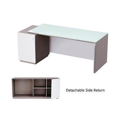 Specialties L Shaped Glass Executive Table with Storage Shelves and Cabinet for Home & Office Contemporary Style L Shaped Computer Desk - Light Concrete/White - Image 5