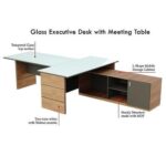Glass Executive Desk L Shaped Table with Storage Shelves and Cabinet for Desk Sturdy Home Office PC Laptop Workstation Gaming Computer Desk - Natural Dijon Walnut/Grey