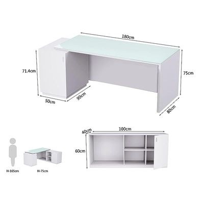 Specialties L Shaped Glass Executive Table with Storage Shelves and Cabinet for Home & Office Contemporary Style L Shaped Computer Desk - Premium White - Image 3