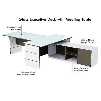 Glass Executive Desk L Shaped Table with Storage Shelves and Cabinet for Desk Home Office PC Laptop Workstation Gaming Computer Desk - White/Grey - Image 2