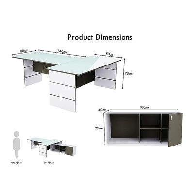 Glass Executive Desk L Shaped Table with Storage Shelves and Cabinet for Desk Home Office PC Laptop Workstation Gaming Computer Desk - White/Grey - Image 3