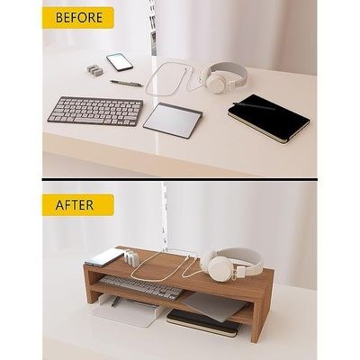 Wooden Riser Monitor Stand with 2 Tier Storage Shelf, Monitor Stand for Home, Office PC Desk Stand Monitor Riser for Keyboard Storage, Laptop, TV Screen - NATURAL DIJON WALNUT - Image 3