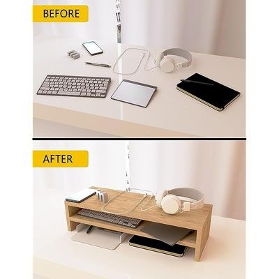 Wooden Riser Monitor Stand with 2 Tier Storage Shelf, Monitor Stand for Home, Office PC Desk Stand Monitor Riser for Keyboard Storage, Laptop, Printer - NATURAL DAVOS OAK - Image 3