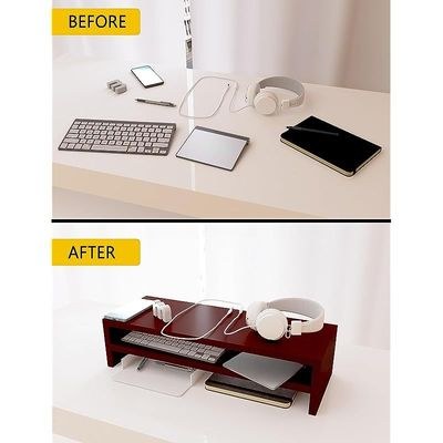 Wooden Riser Monitor Stand with 2 Tier Storage Shelf, Monitor Stand for Home Office Business, PC Desk Stand Monitor Riser for Keyboard Storage, Laptop, Printer, and TV Screen - APPLE CHERRY - Image 3