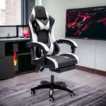 Gaming Chair with Footrest & PU Leatherette High Back Ergonomic Swivel, Tilt Tension Adjustment (Black/White, With Footrest)
