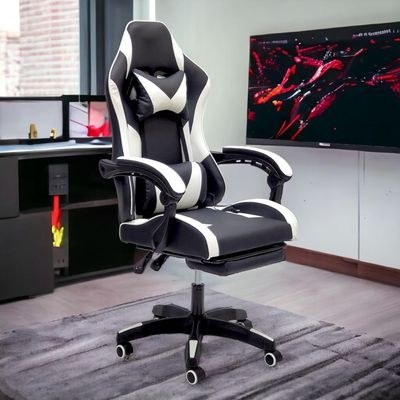 Gaming Chair with Footrest & PU Leatherette High Back Ergonomic Swivel, Tilt Tension Adjustment (Black/White, With Footrest) - Image 4