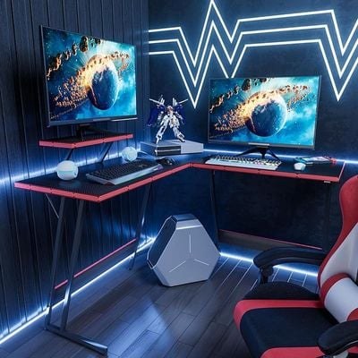 L-Shaped Gaming Desk Computer Corner Desk With Large Monitor Riser Stand - Black - Image 2