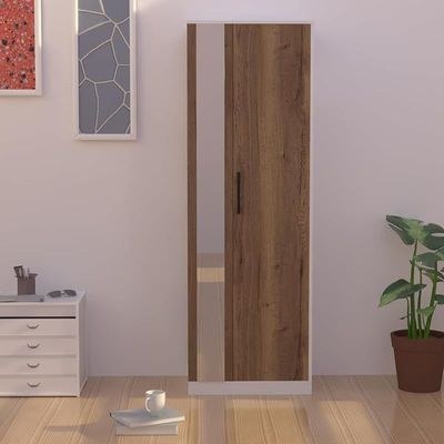 Modern Wardrobe With Side Mirror And Side Shelf, Floor Storage Cabinet With Hangers - Tobacco Halifax Oak - Image 2