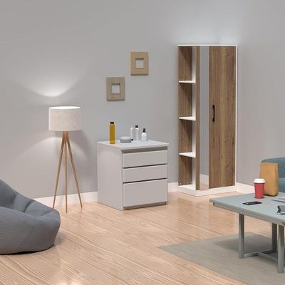 Modern Wardrobe With Side Mirror And Side Shelf, Floor Storage Cabinet With Hangers - Tobacco Halifax Oak - Image 3