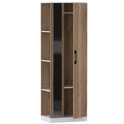 Modern Wardrobe With Side Mirror And Side Shelf, Floor Storage Cabinet With Hangers - Tobacco Halifax Oak - Image 4