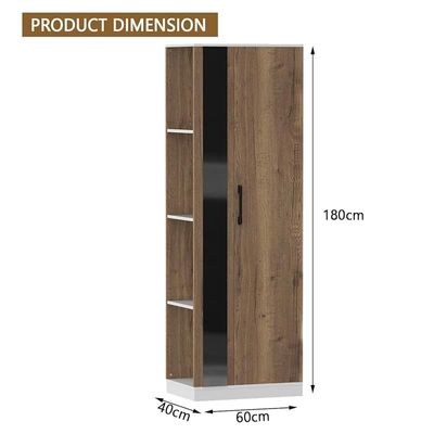 Modern Wardrobe With Side Mirror And Side Shelf, Floor Storage Cabinet With Hangers - Tobacco Halifax Oak - Image 5