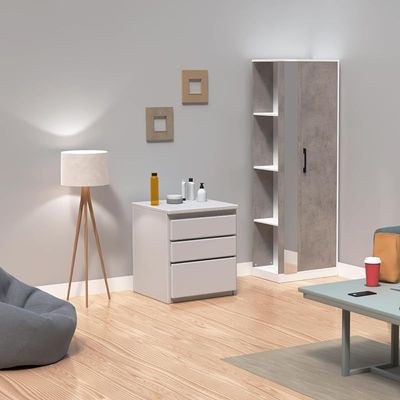 Modern Wardrobe With Side Mirror And Side Shelf, Floor Storage Cabinet With Hangers - Light Grey Chicago Concrete - Image 3