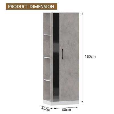 Modern Wardrobe With Side Mirror And Side Shelf, Floor Storage Cabinet With Hangers - Light Grey Chicago Concrete - Image 5