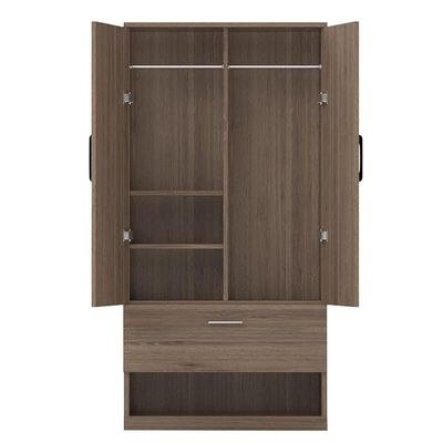 Wooden Wardrobe With 2 Door, And Open Shoe Rack, Hanging Rod And 2 Compartments - Truffle Brown Davos Oak - Image 2