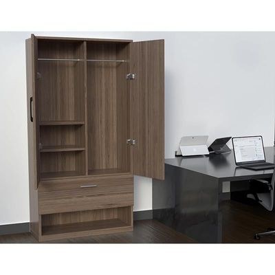 Wooden Wardrobe With 2 Door, And Open Shoe Rack, Hanging Rod And 2 Compartments - Truffle Brown Davos Oak - Image 3