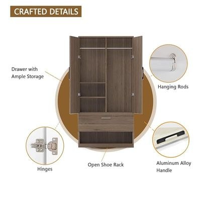 Wooden Wardrobe With 2 Door, And Open Shoe Rack, Hanging Rod And 2 Compartments - Truffle Brown Davos Oak - Image 4
