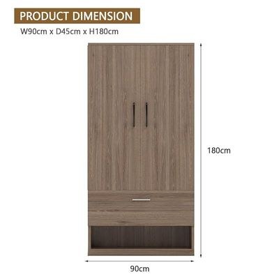 Wooden Wardrobe With 2 Door, And Open Shoe Rack, Hanging Rod And 2 Compartments - Truffle Brown Davos Oak - Image 5