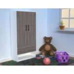 Wooden Wardrobe With 2 Door, And Open Shoe Rack, Hanging Rod And 2 Compartments - Grey Brown White River Oak/Premium White