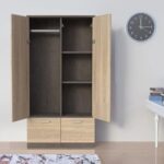 Wooden Wardrobe With 2 Doors, 2 Drawers, Hanging Rod And 2 Compartments - Dark Grey Chicago Concrete/Grey Bardolino Oak