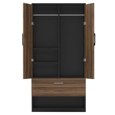 Wooden Wardrobe With 2 Door, And Open Shoe Rack, Hanging Rod And 2 Compartments - Dark Hunton Oak/Lava Grey - Image 2