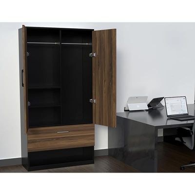 Wooden Wardrobe With 2 Door, And Open Shoe Rack, Hanging Rod And 2 Compartments - Dark Hunton Oak/Lava Grey - Image 3