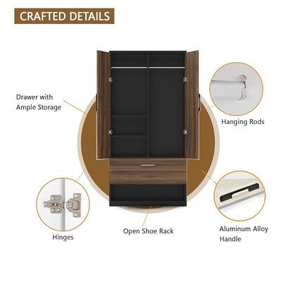 Wooden Wardrobe With 2 Door, And Open Shoe Rack, Hanging Rod And 2 Compartments - Dark Hunton Oak/Lava Grey - Image 4