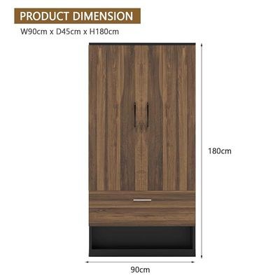Wooden Wardrobe With 2 Door, And Open Shoe Rack, Hanging Rod And 2 Compartments - Dark Hunton Oak/Lava Grey - Image 5