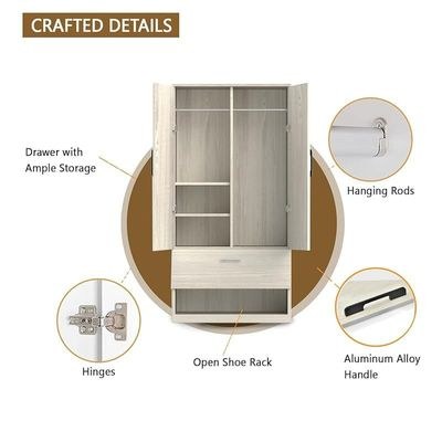 Wooden Wardrobe With 2 Door, And Open Shoe Rack, Hanging Rod And 2 Compartments - Cascina Pine - Image 4