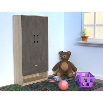Wooden Wardrobe With 2 Door, And Open Shoe Rack, Hanging Rod And 2 Compartments - Dark Grey Chicago Concrete/Grey Bardolino Oak - Image 2