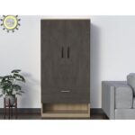 Wooden Wardrobe With 2 Door, And Open Shoe Rack, Hanging Rod And 2 Compartments - Dark Grey Chicago Concrete/Grey Bardolino Oak