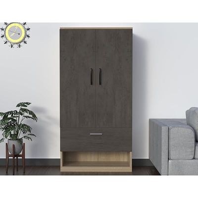 Wooden Wardrobe With 2 Door, And Open Shoe Rack, Hanging Rod And 2 Compartments - Dark Grey Chicago Concrete/Grey Bardolino Oak - Image 3