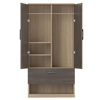 Wooden Wardrobe With 2 Door, And Open Shoe Rack, Hanging Rod And 2 Compartments - Dark Grey Chicago Concrete/Grey Bardolino Oak - Image 4