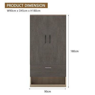 Wooden Wardrobe With 2 Door, And Open Shoe Rack, Hanging Rod And 2 Compartments - Dark Grey Chicago Concrete/Grey Bardolino Oak - Image 5