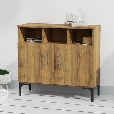 Mahmayi Modern Multifunctional Medium Height Cabinet with 2 Door Storage and 3 Open Shelf - Cognac Brown Sherman Oak - Ideal for Hallway, Living Room, Kitchen, Bedroom