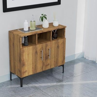 Mahmayi Modern Multifunctional Medium Height Cabinet with 2 Door Storage and 3 Open Shelf - Cognac Brown Sherman Oak - Ideal for Hallway, Living Room, Kitchen, Bedroom - Image 2