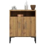 Mahmayi Modern Multifunctional Medium Height Cabinet with 2 Door Storage and Single Open Shelf - Cognac Brown Sherman Oak - Ideal for Hallway, Living Room, Kitchen, Bedroom