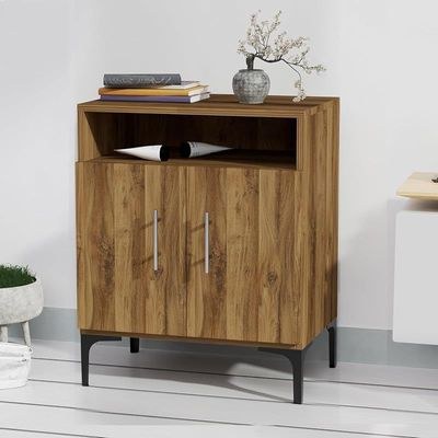 Mahmayi Modern Multifunctional Medium Height Cabinet with 2 Door Storage and Single Open Shelf - Dark Hunton Oak - Ideal for Hallway, Living Room, Kitchen, Bedroom