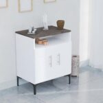 Mahmayi Modern Multifunctional Medium Height Cabinet with 2 Door Storage and Single Open Shelf - Dark Grey Chicago Concrete and Premium White - Ideal for Hallway, Living Room, Kitchen, Bedroom