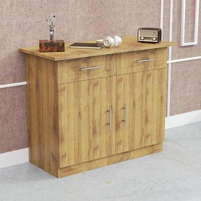 Mahmayi Modern Multifunctional Medium Height Cabinet with 2 Drawers and 2 Door Storage - Cognac Brown Sherman Oak - Ideal for Hallway, Living Room, Kitchen, Bedroom