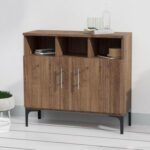 Mahmayi Modern Multifunctional Medium Height Cabinet with 2 Door Storage and 3 Open Shelf - Truffle Davos Oak - Ideal for Hallway, Living Room, Kitchen, Bedroom
