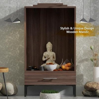 Mahmayi Modern Wooden Mandir, Temple with Single Drawer for Keeping Pooja Essentials, Steel Legs - Truffle Brown Branson Robinia - Ideal for Home, Office, Temple - Image 5