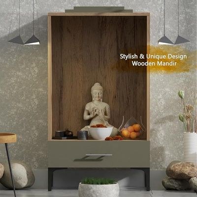 Mahmayi Modern Wooden Mandir, Temple with Single Drawer for Keeping Pooja Essentials, Steel Legs - Vintage Santa Fe Oak and Lava Grey - Ideal for Home, Office, Temple - Image 5