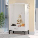 Mahmayi Modern Wooden Mandir, Temple with Single Drawer for Keeping Pooja Essentials, Steel Legs - White Levanto Marble - Ideal for Home, Office, Temple