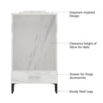 Mahmayi Modern Wooden Mandir, Temple with Single Drawer for Keeping Pooja Essentials, Steel Legs - White Levanto Marble - Ideal for Home, Office, Temple
