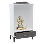 Mahmayi Modern Wooden Mandir, Temple with Single Drawer for Keeping Pooja Essentials, Steel Legs - Metal Fabric Anthracite - Ideal for Home, Office, Temple
