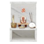 Mahmayi Modern Wooden Small Mandir, Temple with Single Open Shelf for Small Spaces - White Levanto Marble - Ideal for Home, Office, Temple