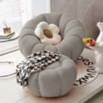 Maple Home Nordic Pumpkin Lazy Couch,Single Sofa&Footstool,Lamb Plush Fabric 360°Swivel Sofa,Grey